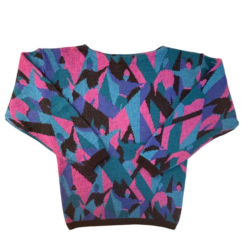 Vintage 90s Odyssey‎ Geometric Abstract Knit Sweater Pink Teal Wool Blend Large